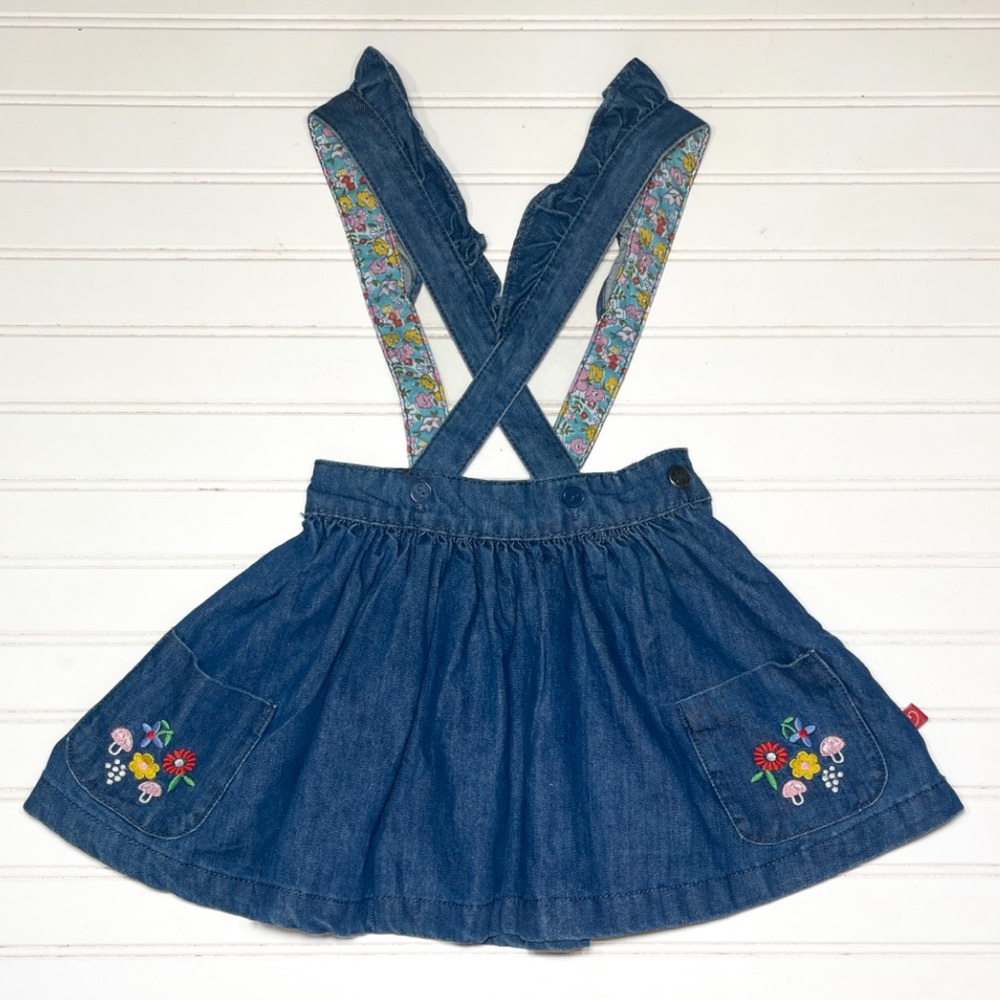 LITTLE BIRD EUC ADORABLE Floral Embroidered Pocket Ruffle Blue Jean Pinnie Dress